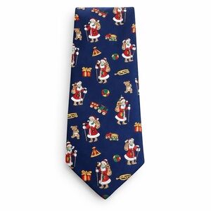 Lands’ End Christmas Santa Tie 100% Silk Navy Blue Novelty Holiday Necktie